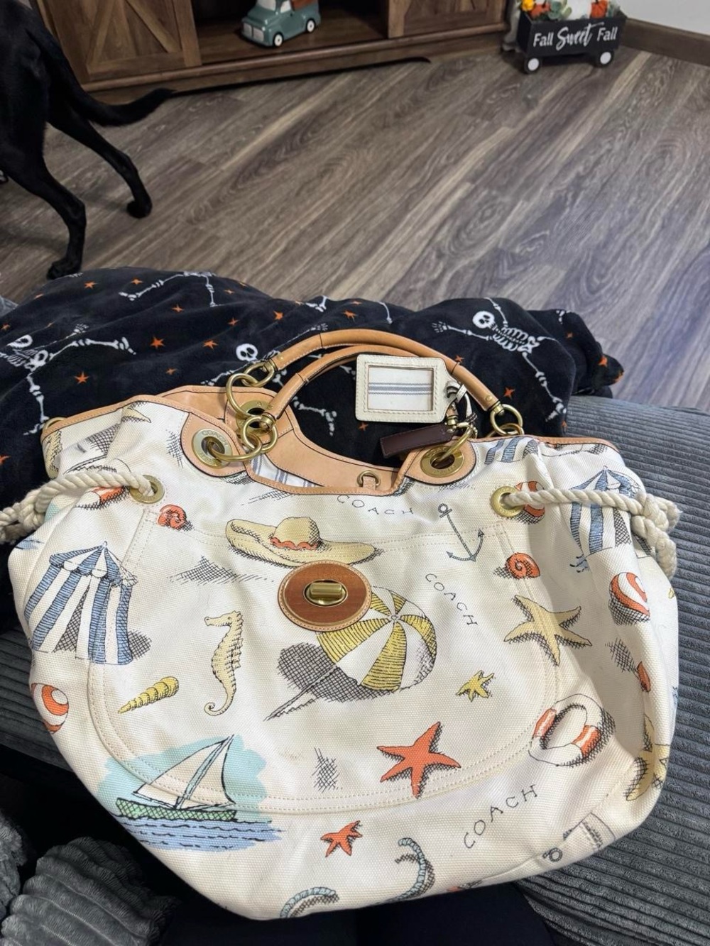 Coach Cream Beach-Print Shoulder Tote with Tan Leather Trim